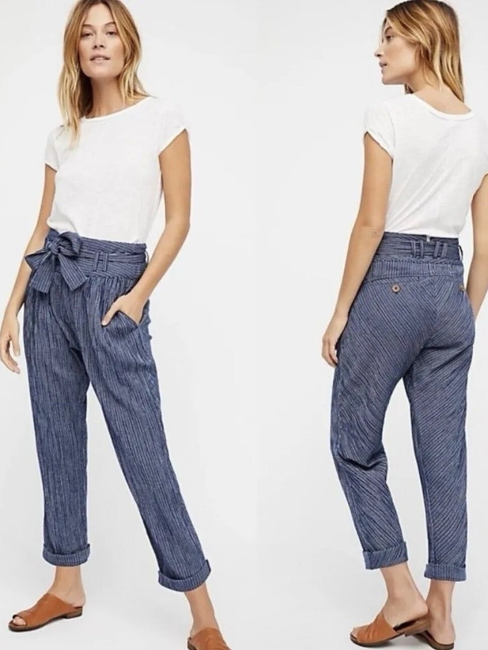 Free People Blue Striped Paperbag-Waist Ankle Pants
